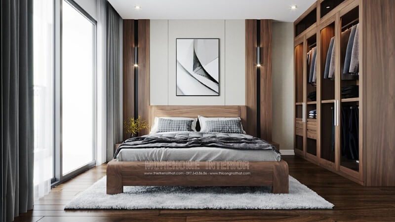 Giường ngủ có thiết kế đơn giản nhưng đẹp mắt, được làm từ gỗ óc chó tự nhiên.