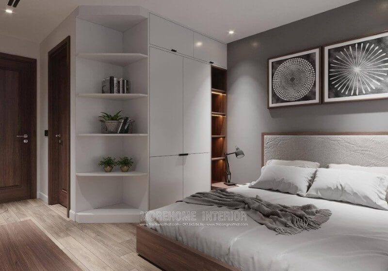 Phòng ngủ hiện đại được trang bị nội thất đồ gỗ tinh tế, đầy sang trọng và cung cấp đầy đủ tiện nghi.